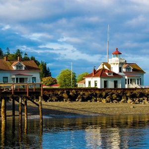 Mukilteo Light Station and Quarters A with old pier, shot from north to south
