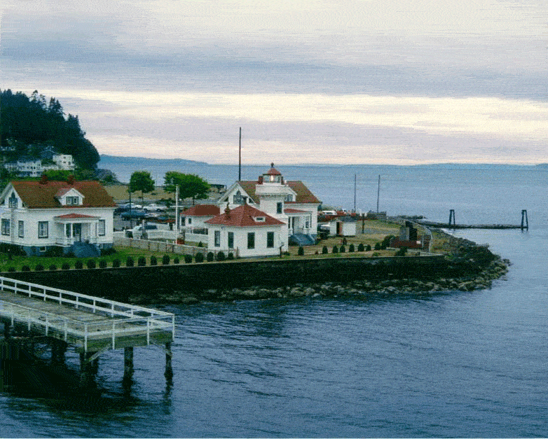 Mukilteo Light Station, Quarters A & B, old pier and Lighthouse Park in background, shot from Puget Sound