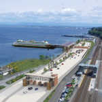 artists' rendering of Mukilteo Multimodal Ferry Terminal with parking lanes, train stop